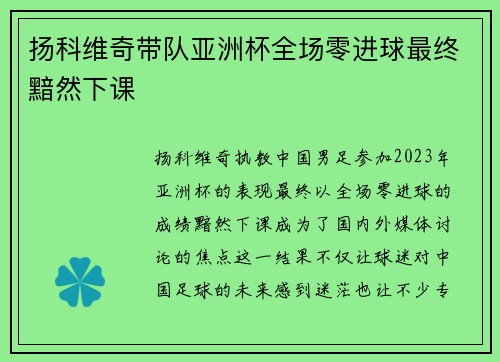 扬科维奇带队亚洲杯全场零进球最终黯然下课